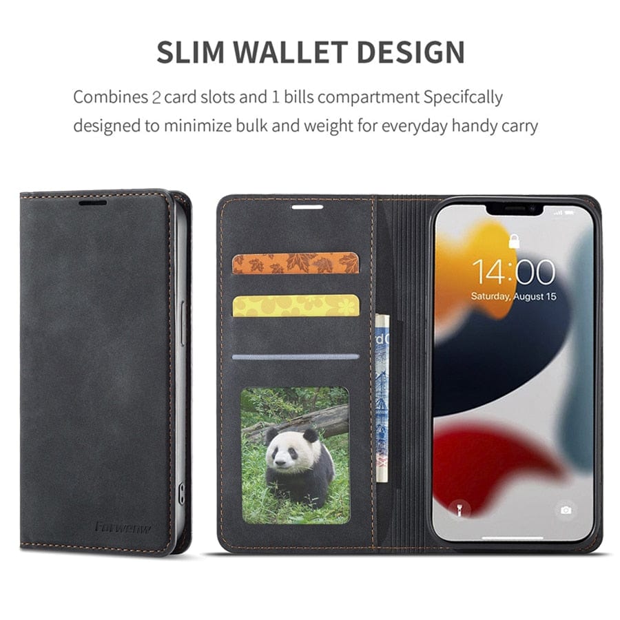 Frendorf | Lederhülle für iPhone 15 mit Brieftaschenformat | Magnetische Klapphülle mit Kartenfächern