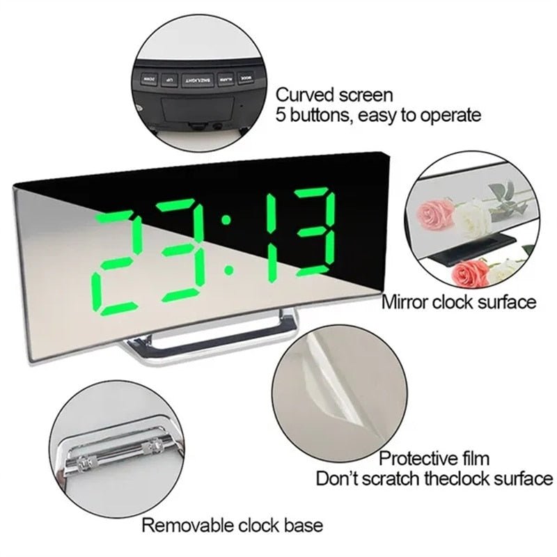LED Digitaler Wecker – Gebogener Spiegelbildschirm, Tischwecker mit Schlummerfunktion, Elektronisches Tischdisplay, Schlafzimmer- und Wohnkultur