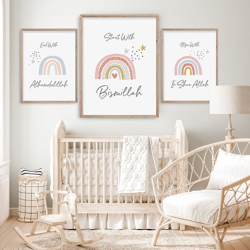 Boho Islamische Zitate Regenbogen Kinderzimmer - Leinwand Wandkunst Druck