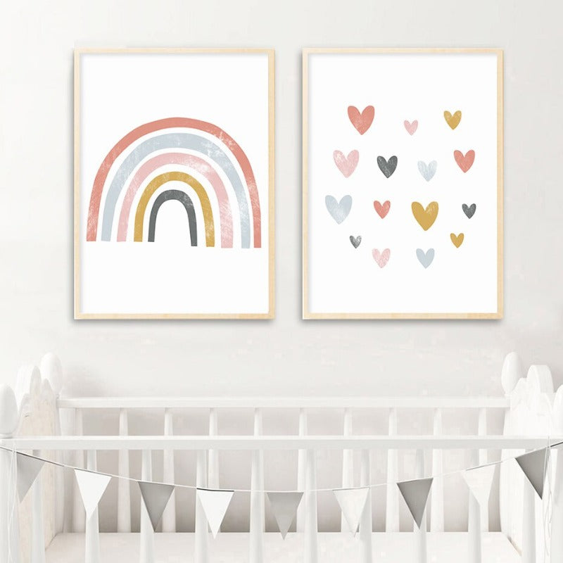 Schöne Regenbogen Cartoon Mädchen Kinderzimmer - Leinwand Wandkunst Druck