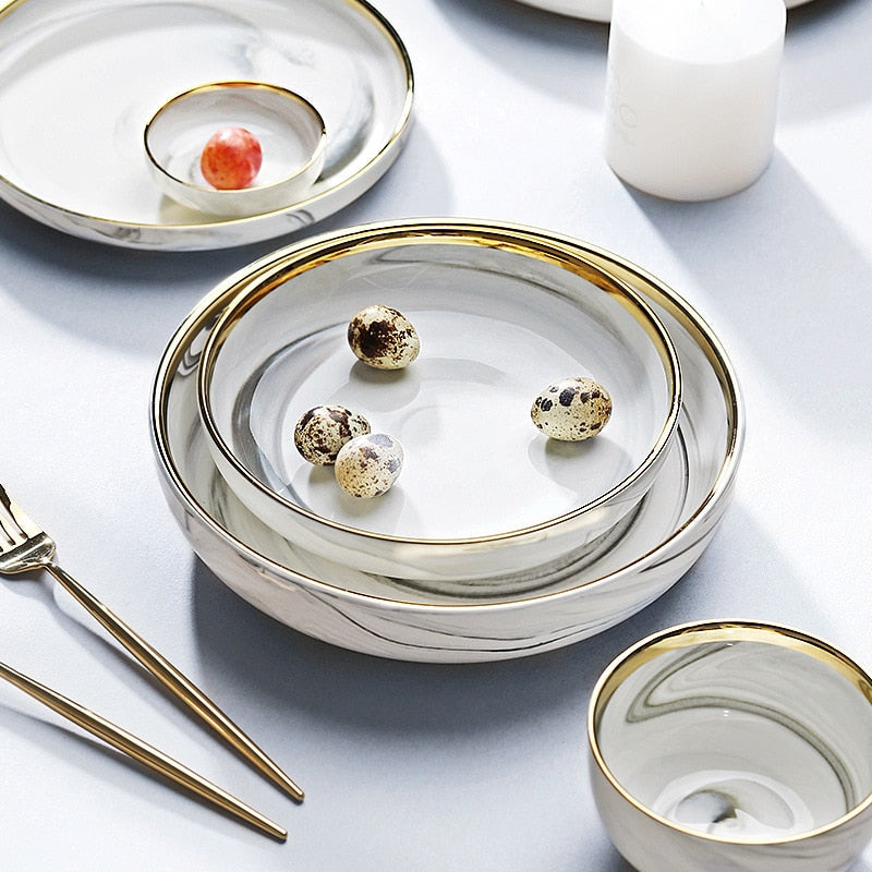 Frendorf | Marmor Keramik Teller und Schalen Set Geschirrsets Salat Dessert