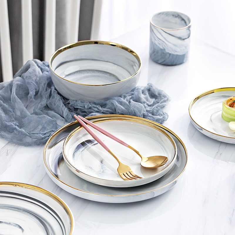 Frendorf | Marmor Keramik Teller und Schalen Set Geschirrsets Salat Dessert