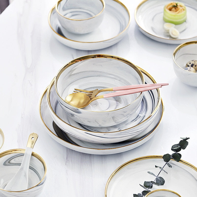 Frendorf | Marmor Keramik Teller und Schalen Set Geschirrsets Salat Dessert