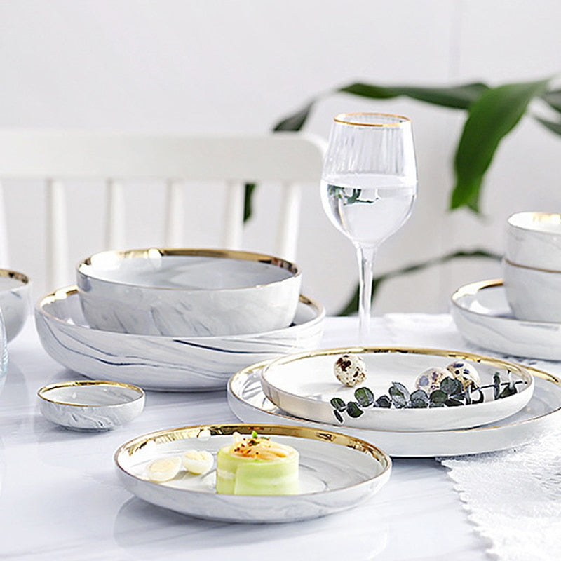 Frendorf | Marmor Keramik Teller und Schalen Set Geschirrsets Salat Dessert