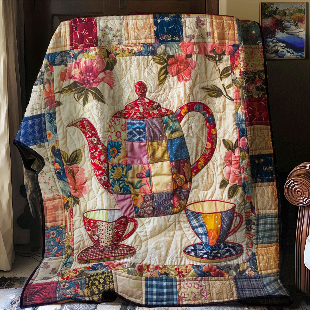 Blühendes Patchwork Teekanne Quilt