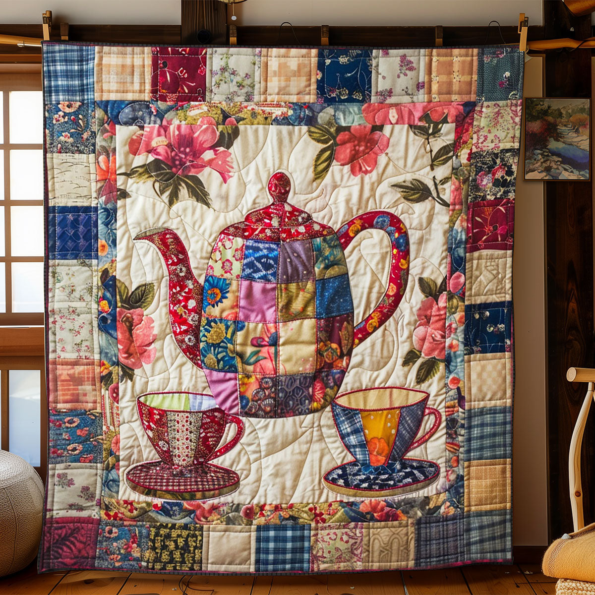 Blühendes Patchwork Teekanne Quilt