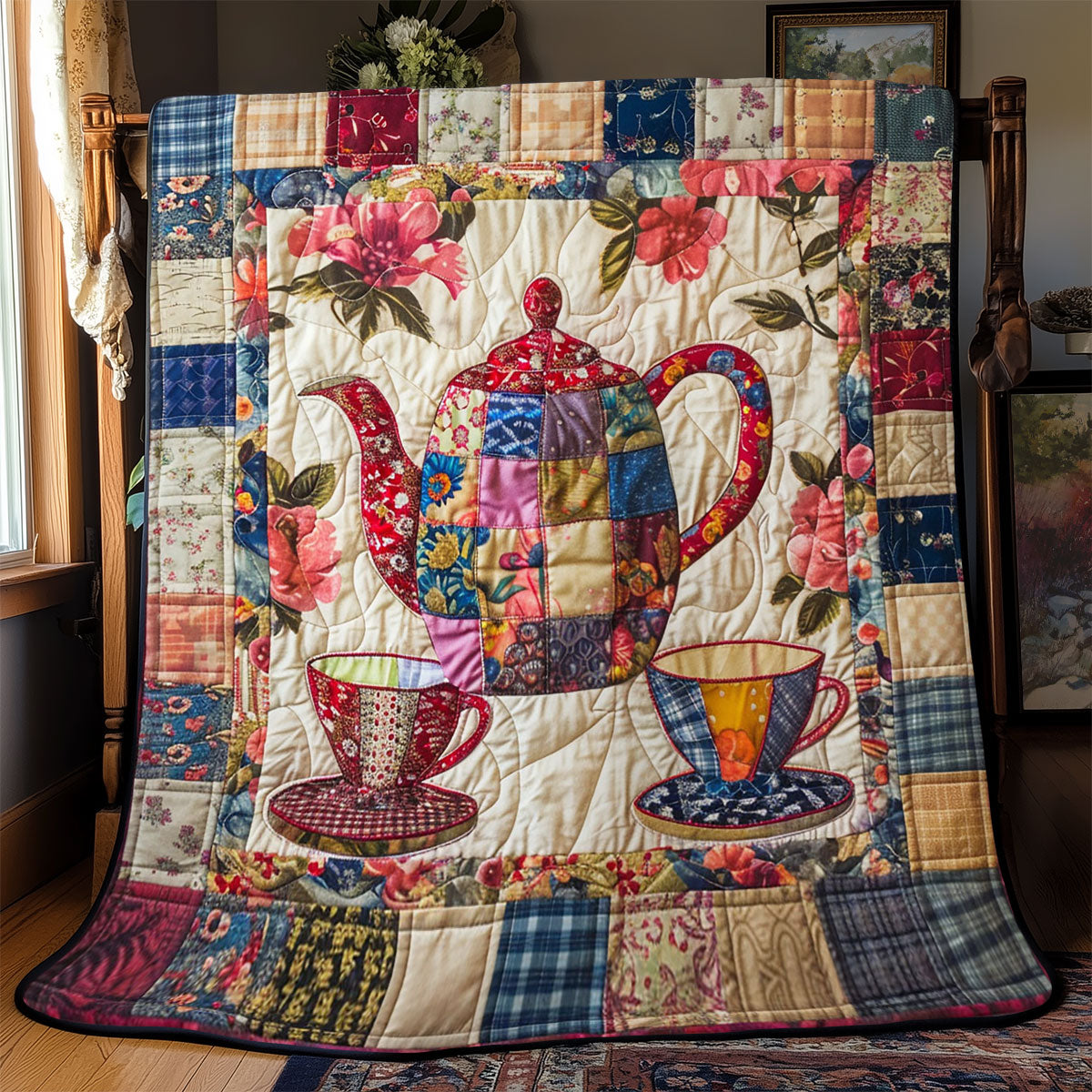 Blühendes Patchwork Teekanne Quilt