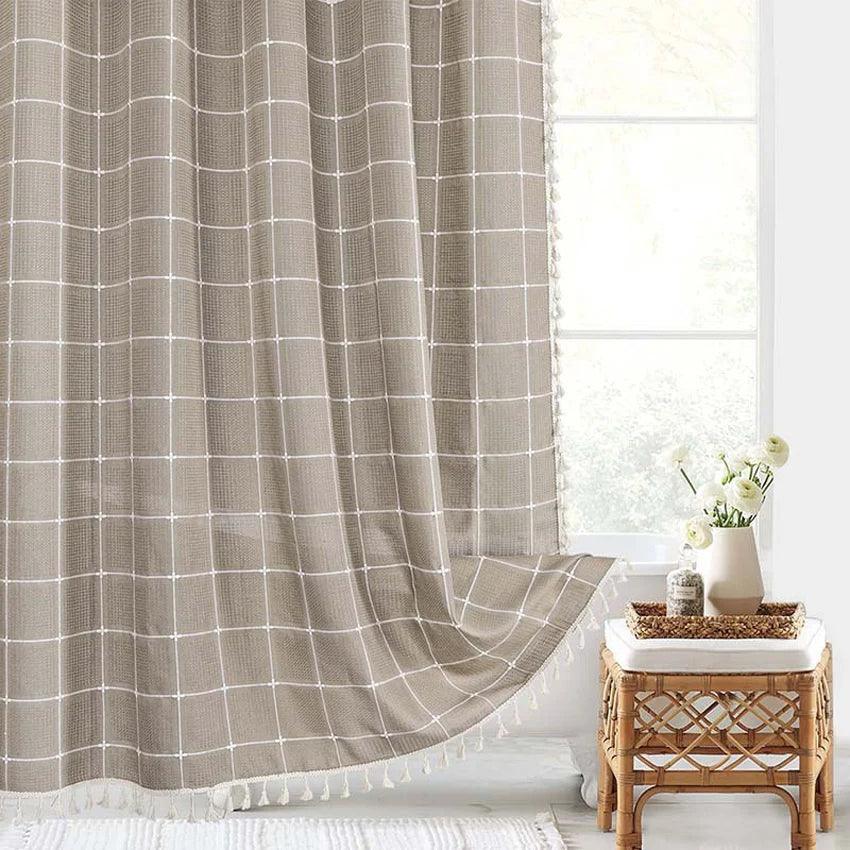 Frendorf | Moderne Jacquard-Leinen-Duschvorhang mit Quasten (1 Stk)  │ Für nordische Badezimmerdekoration
