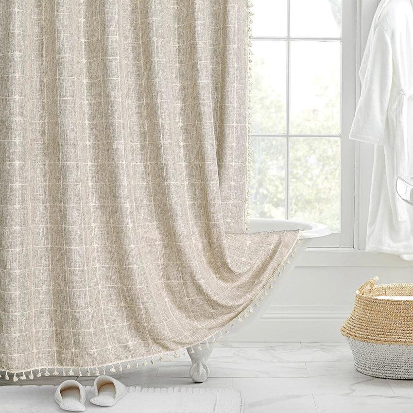Frendorf | Moderne Jacquard-Leinen-Duschvorhang mit Quasten (1 Stk)  │ Für nordische Badezimmerdekoration