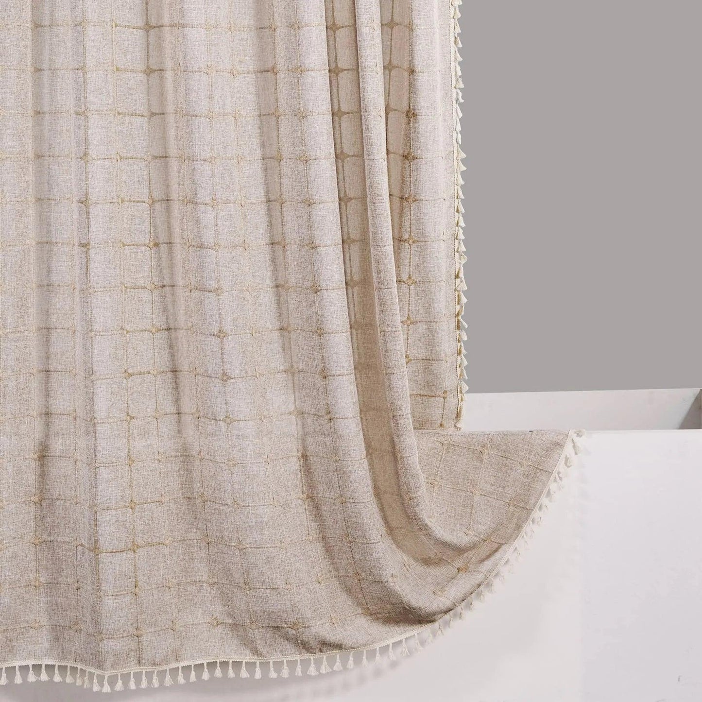 Frendorf | Moderne Jacquard-Leinen-Duschvorhang mit Quasten (1 Stk)  │ Für nordische Badezimmerdekoration