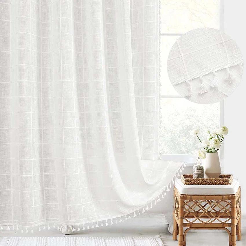 Frendorf | Moderne Jacquard-Leinen-Duschvorhang mit Quasten (1 Stk)  │ Für nordische Badezimmerdekoration