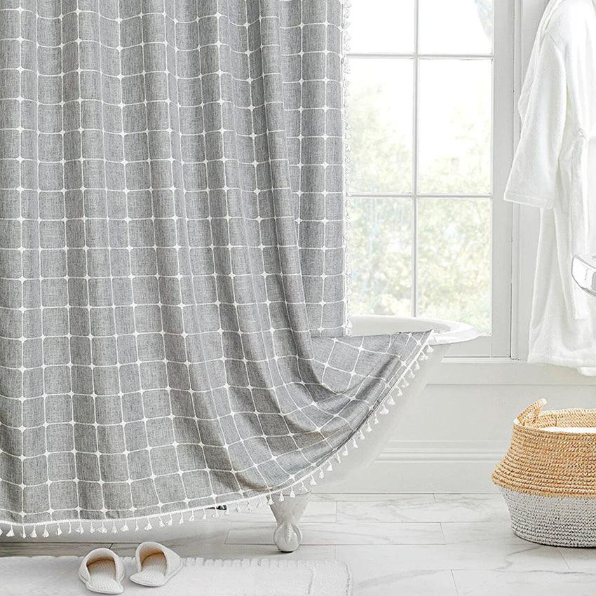Frendorf | Moderne Jacquard-Leinen-Duschvorhang mit Quasten (1 Stk)  │ Für nordische Badezimmerdekoration