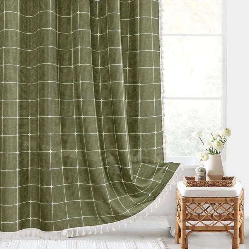 Frendorf | Moderne Jacquard-Leinen-Duschvorhang mit Quasten (1 Stk)  │ Für nordische Badezimmerdekoration