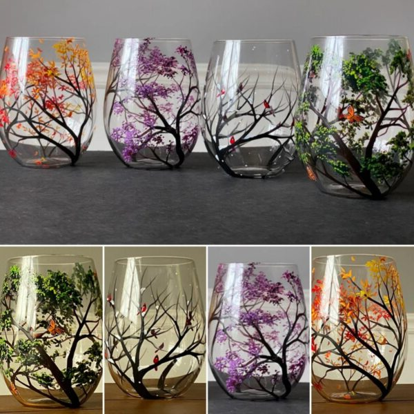 Frendorf | Vier Jahreszeiten Baum Weingläser – Handgemalte Kunst
