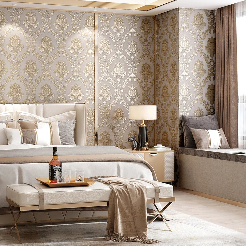Frendorf | MajestiWall Luxus 3D Damast Tapete | Gold texturiert | Klassisches Design | Elegante Wanddekoration