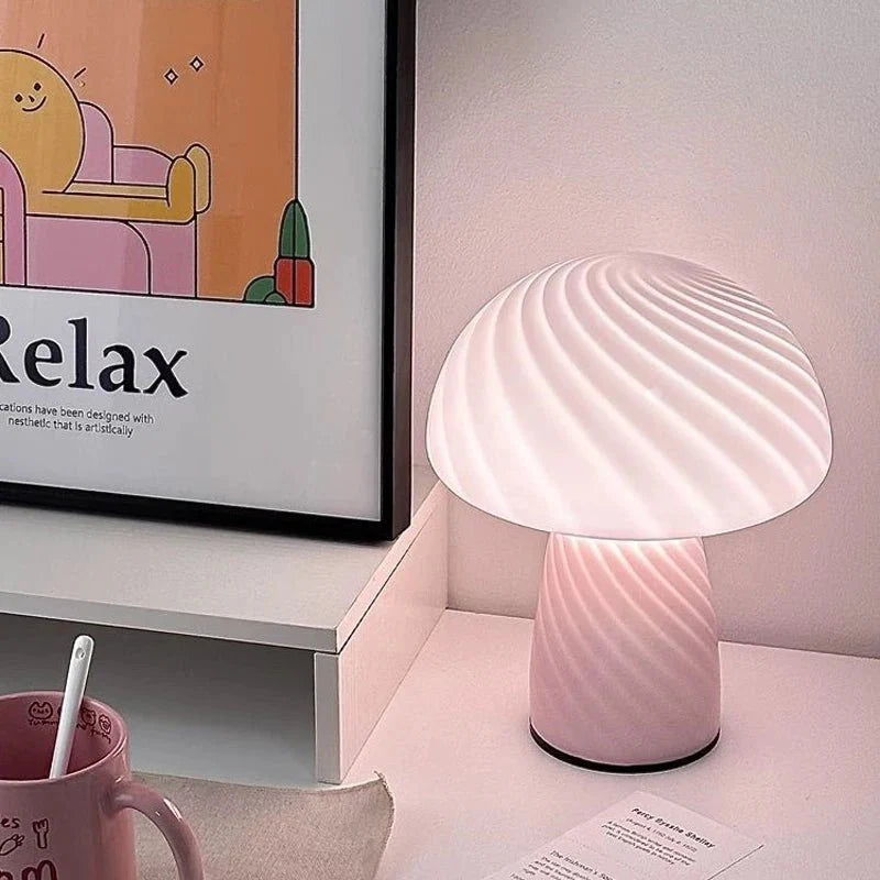 Pastellfarbene Glas-Pilz-Tischlampe