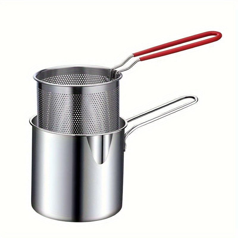 1 Stück 1,2L Mini Edelstahl Fritteuse Topf mit Griff & Siebkorb, Küchenkochen Werkzeug für Pommes Frites, Zwiebelringe, Chicken Wings, Servieren von Lebensmitteln, Kochgeschirr, Multifunktionale Küchenutensilien Mini Topf