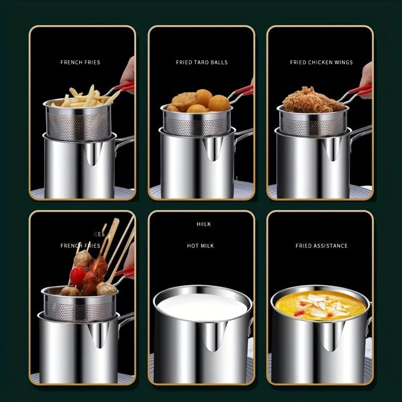 1 Stück 1,2L Mini Edelstahl Fritteuse Topf mit Griff & Siebkorb, Küchenkochen Werkzeug für Pommes Frites, Zwiebelringe, Chicken Wings, Servieren von Lebensmitteln, Kochgeschirr, Multifunktionale Küchenutensilien Mini Topf