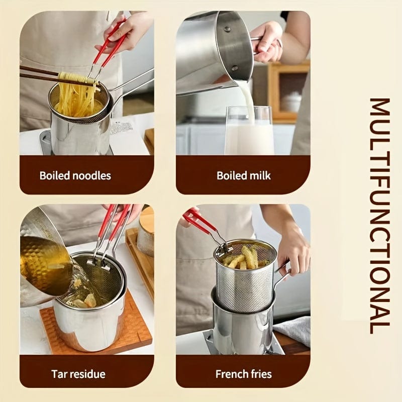 1 Stück 1,2L Mini Edelstahl Fritteuse Topf mit Griff & Siebkorb, Küchenkochen Werkzeug für Pommes Frites, Zwiebelringe, Chicken Wings, Servieren von Lebensmitteln, Kochgeschirr, Multifunktionale Küchenutensilien Mini Topf