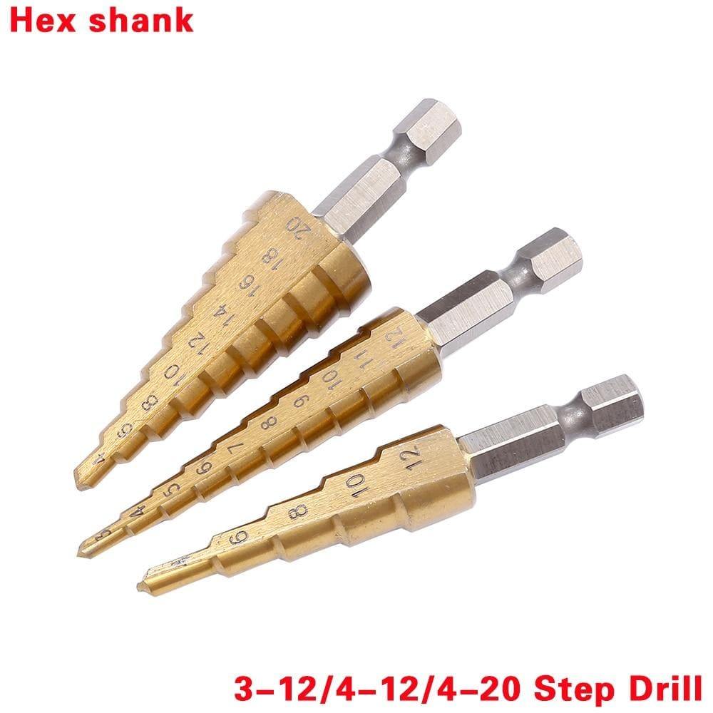 3-piece HSS steel titanium step drill bit tool set 3-12 4-12 4-20 4-32mm step cone cut woodworking wood metal drill case