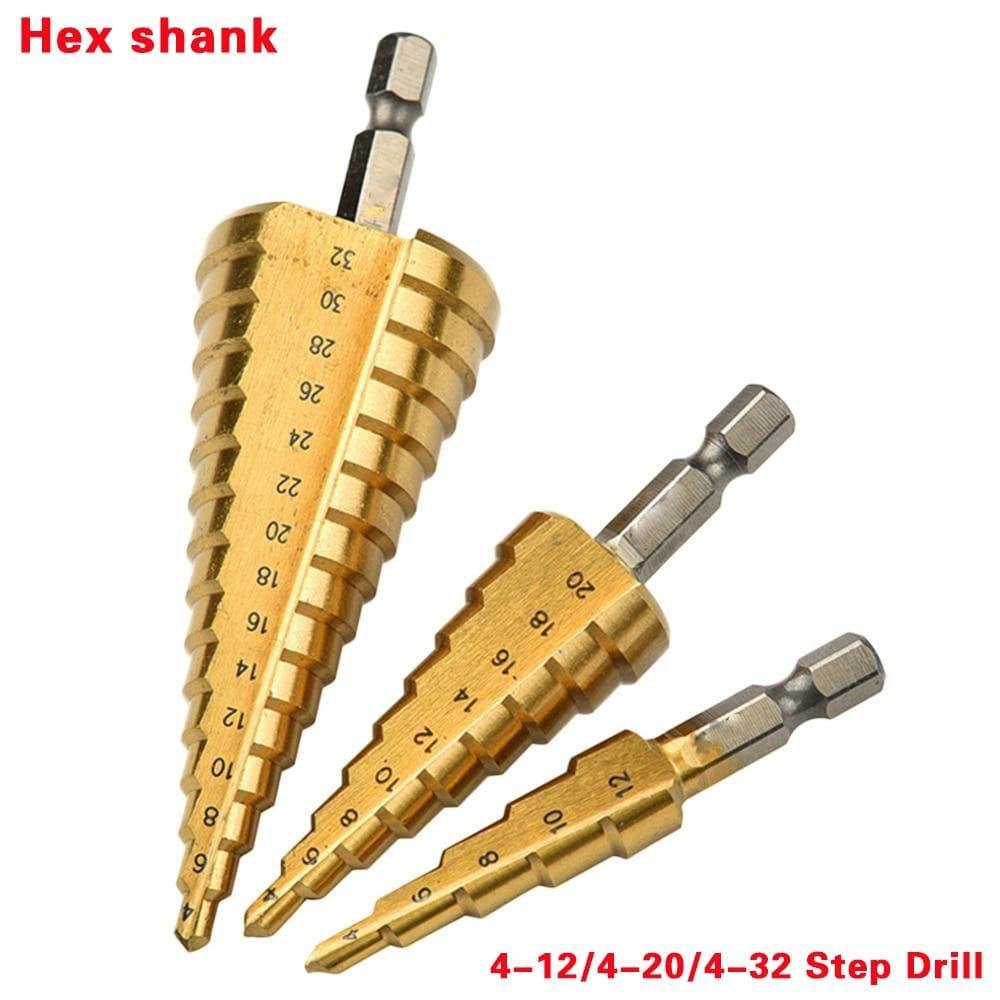 3-piece HSS steel titanium step drill bit tool set 3-12 4-12 4-20 4-32mm step cone cut woodworking wood metal drill case
