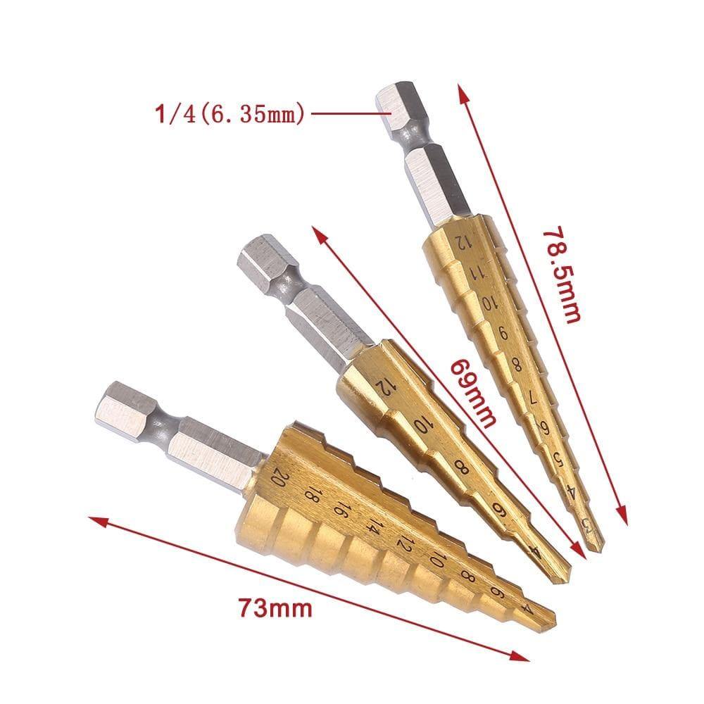 3-piece HSS steel titanium step drill bit tool set 3-12 4-12 4-20 4-32mm step cone cut woodworking wood metal drill case