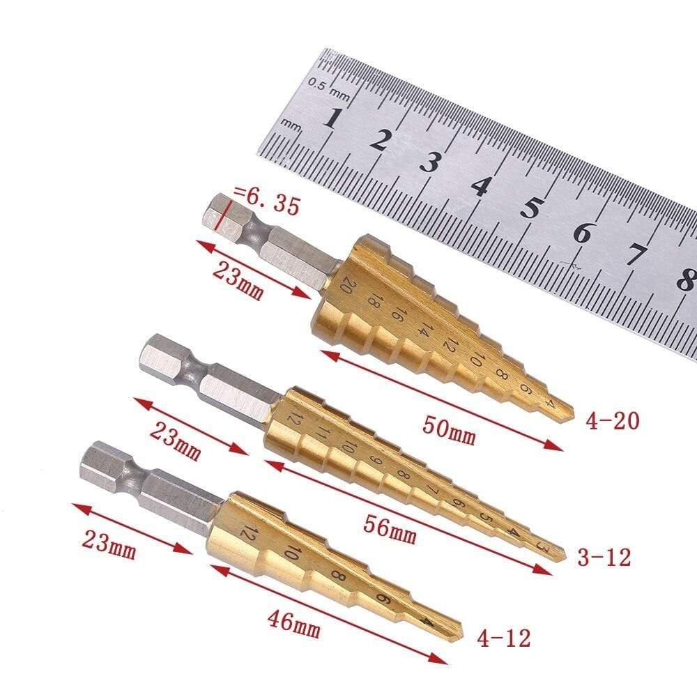 3-piece HSS steel titanium step drill bit tool set 3-12 4-12 4-20 4-32mm step cone cut woodworking wood metal drill case
