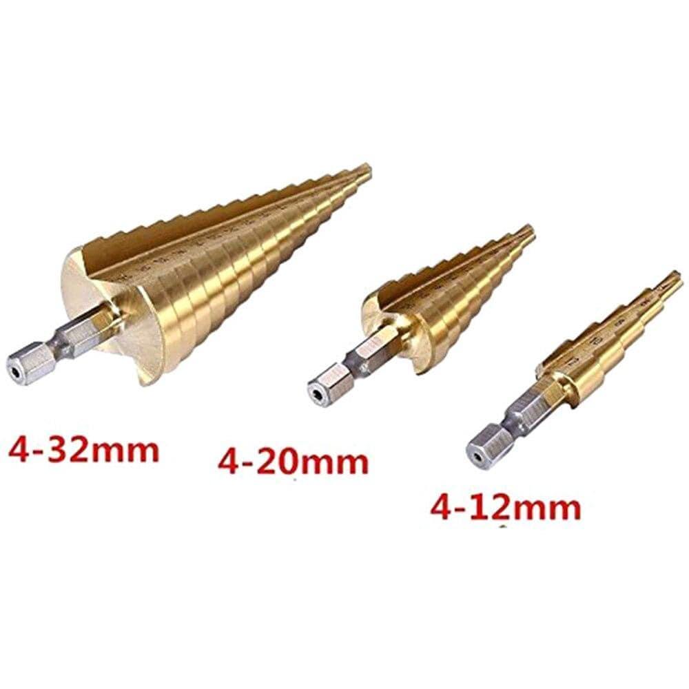 3-piece HSS steel titanium step drill bit tool set 3-12 4-12 4-20 4-32mm step cone cut woodworking wood metal drill case