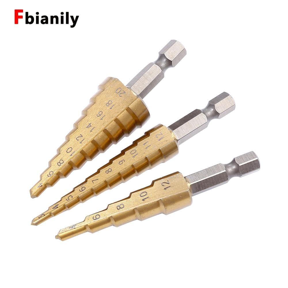 3-piece HSS steel titanium step drill bit tool set 3-12 4-12 4-20 4-32mm step cone cut woodworking wood metal drill case