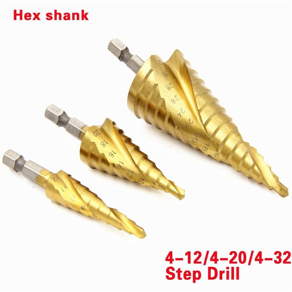 3-piece HSS steel titanium step drill bit tool set 3-12 4-12 4-20 4-32mm step cone cut woodworking wood metal drill case