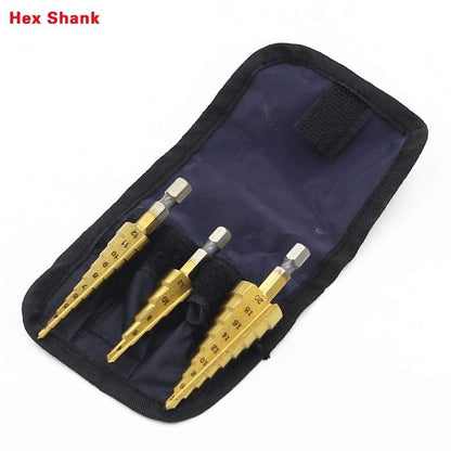 3-piece HSS steel titanium step drill bit tool set 3-12 4-12 4-20 4-32mm step cone cut woodworking wood metal drill case
