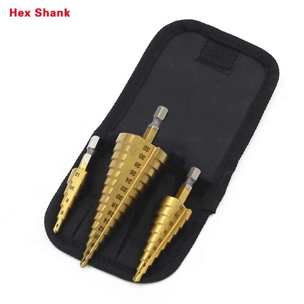 3-piece HSS steel titanium step drill bit tool set 3-12 4-12 4-20 4-32mm step cone cut woodworking wood metal drill case