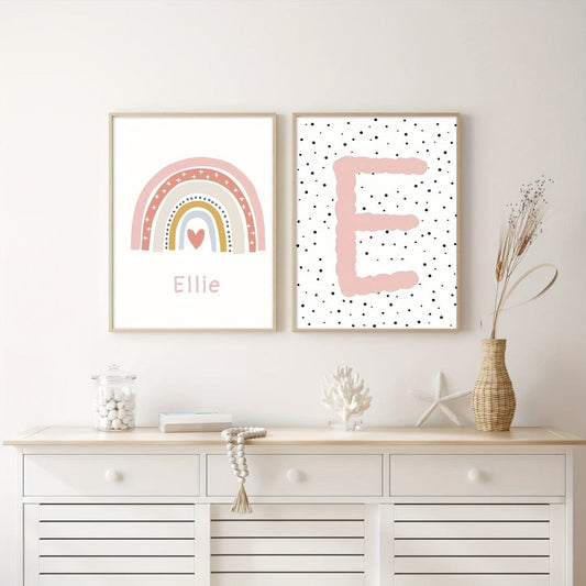 2pcs/Set Ungerahmtes Personalisierte Namen Leinwand Poster Wandkunst, Süßes Regenbogen Anpassung Namen Poster Für Wohnkultur, Leinwanddrucke Für Wohnzimmer Schlafzimmer Küche Dekor, Geburtstagsgeschenk Und Dekoration