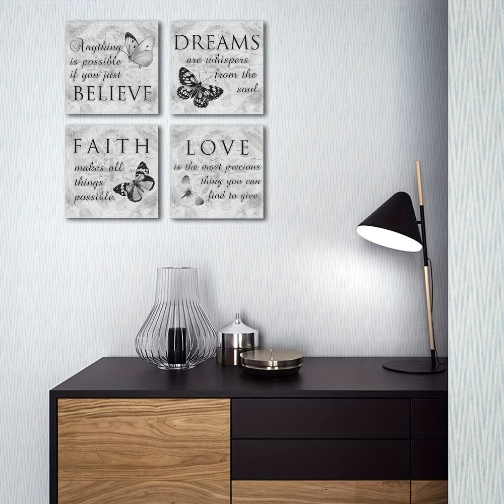 4 Stück, Inspirierende Zitate Wandkunst Gemälde, Graues Motivations-Naturbild Kunstwerk für zeitgenössische Wohnraumdekoration Ohne Rahmen