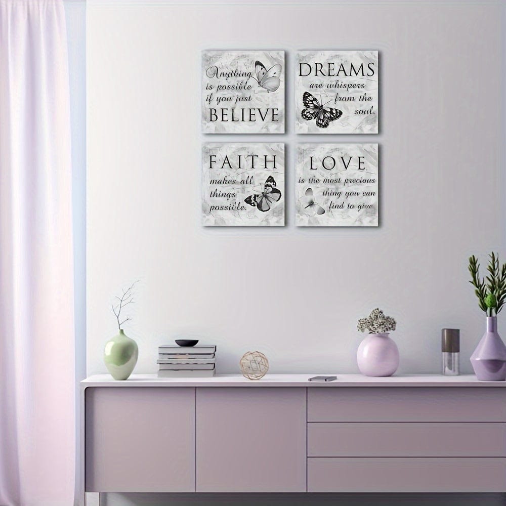 4 Stück, Inspirierende Zitate Wandkunst Gemälde, Graues Motivations-Naturbild Kunstwerk für zeitgenössische Wohnraumdekoration Ohne Rahmen