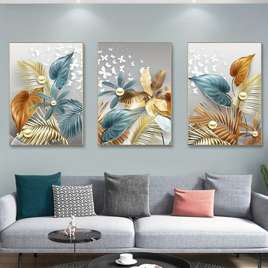 3 Stück 15.7*23.6in/40cm*60cm Rahmenlos Modern Golden Butterfly Leaves Wandkunst Leinwandmalerei Kunst Für Wohnzimmer Cuadros Dekor Kein Rahmen