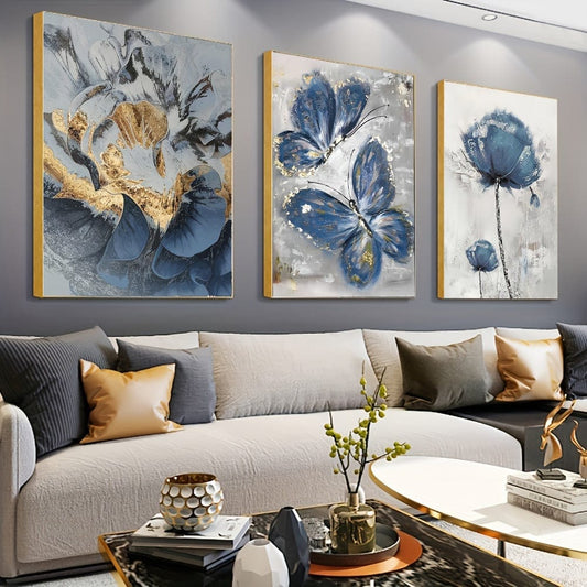 3 Stück, Luxus Blumen Schmetterling Öl Gemälde Wand Kunst Leinwand Gemälde für Wohnzimmer Dekor - 15,7x23,6 Zoll/40cmx60cm - Kein Rahmen erforderlich