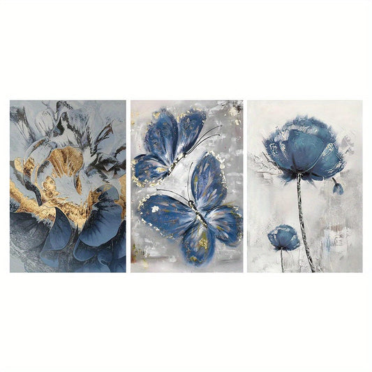 3 Stück, Luxus Blumen Schmetterling Öl Gemälde Wand Kunst Leinwand Gemälde für Wohnzimmer Dekor - 15,7x23,6 Zoll/40cmx60cm - Kein Rahmen erforderlich