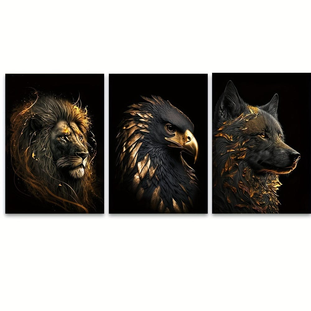 3-teiliges Ungerahmtes Canvas-Poster, Moderne Kunst, Abstrakte Kunst Das Goldene Löwe und Adler Kunstgemälde, Ideales Geschenk für Schlafzimmer Wohnzimmer Flur, Wandkunst, Wanddekor, Winterdekoration, Raumschmuck