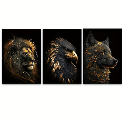3-teiliges Ungerahmtes Canvas-Poster, Moderne Kunst, Abstrakte Kunst Das Goldene Löwe und Adler Kunstgemälde, Ideales Geschenk für Schlafzimmer Wohnzimmer Flur, Wandkunst, Wanddekor, Winterdekoration, Raumschmuck