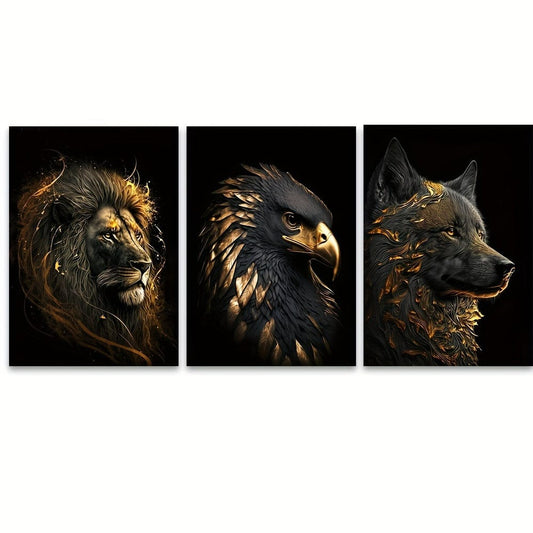 3-teiliges Ungerahmtes Canvas-Poster, Moderne Kunst, Abstrakte Kunst Das Goldene Löwe und Adler Kunstgemälde, Ideales Geschenk für Schlafzimmer Wohnzimmer Flur, Wandkunst, Wanddekor, Winterdekoration, Raumschmuck