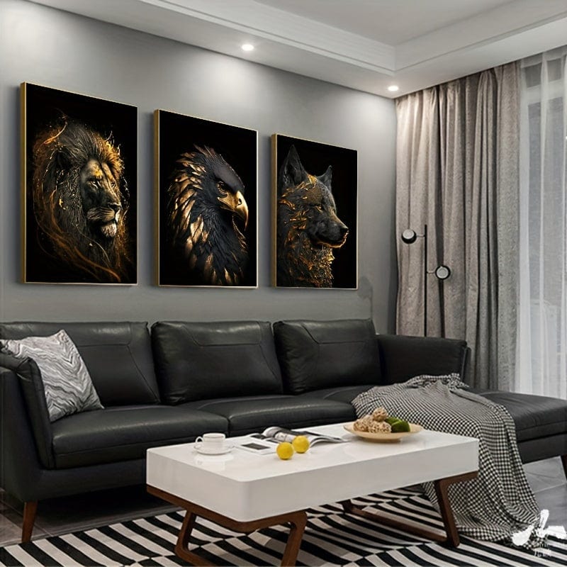 3-teiliges Ungerahmtes Canvas-Poster, Moderne Kunst, Abstrakte Kunst Das Goldene Löwe und Adler Kunstgemälde, Ideales Geschenk für Schlafzimmer Wohnzimmer Flur, Wandkunst, Wanddekor, Winterdekoration, Raumschmuck