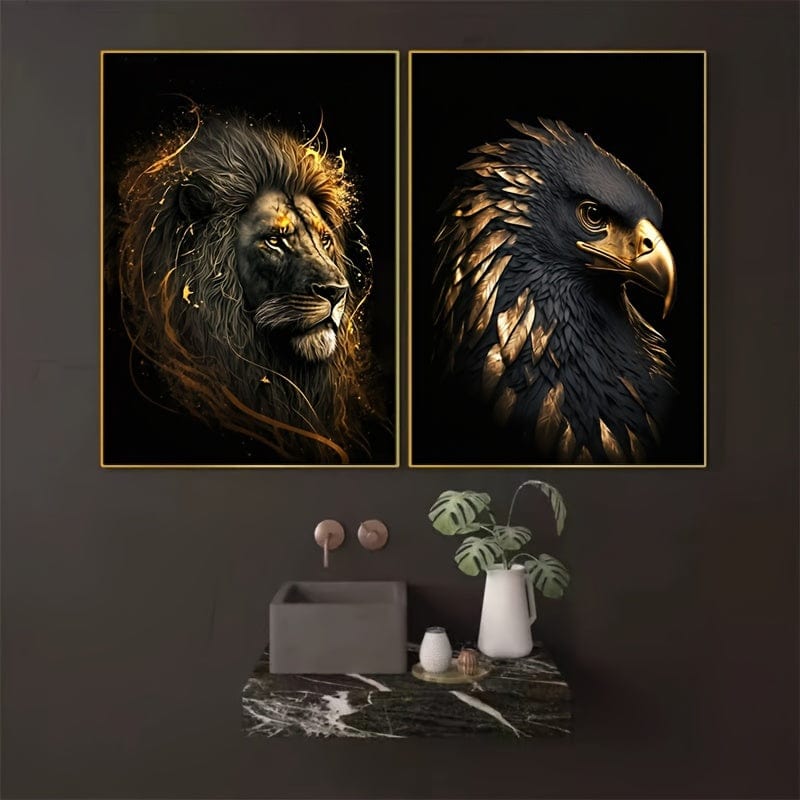 3-teiliges Ungerahmtes Canvas-Poster, Moderne Kunst, Abstrakte Kunst Das Goldene Löwe und Adler Kunstgemälde, Ideales Geschenk für Schlafzimmer Wohnzimmer Flur, Wandkunst, Wanddekor, Winterdekoration, Raumschmuck