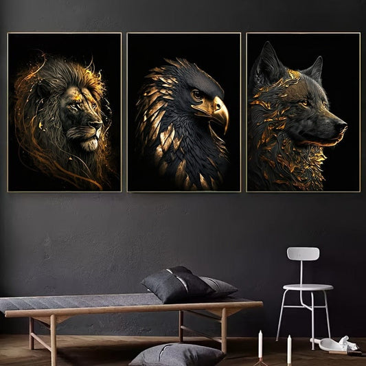 3-teiliges Ungerahmtes Canvas-Poster, Moderne Kunst, Abstrakte Kunst Das Goldene Löwe und Adler Kunstgemälde, Ideales Geschenk für Schlafzimmer Wohnzimmer Flur, Wandkunst, Wanddekor, Winterdekoration, Raumschmuck