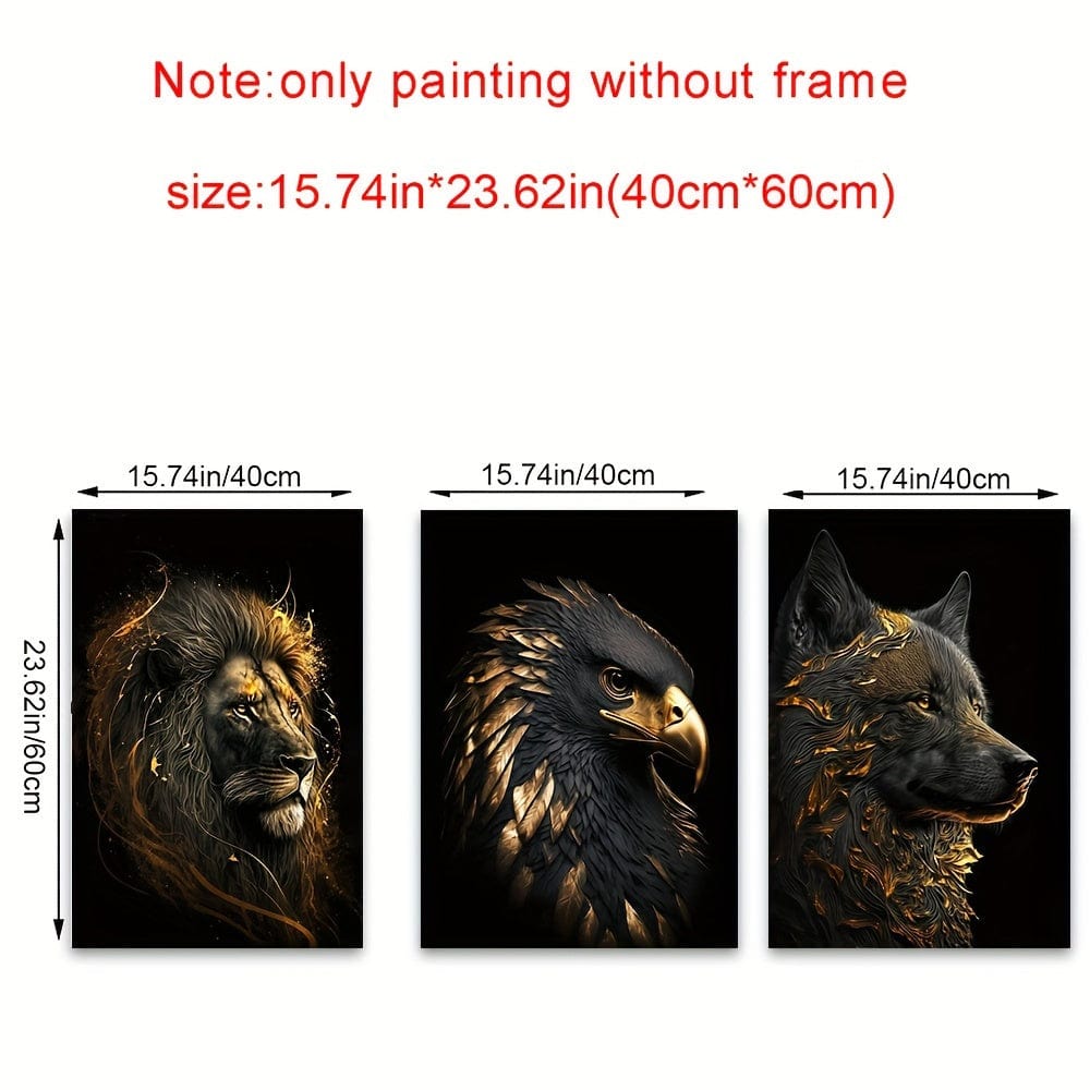 3-teiliges Ungerahmtes Canvas-Poster, Moderne Kunst, Abstrakte Kunst Das Goldene Löwe und Adler Kunstgemälde, Ideales Geschenk für Schlafzimmer Wohnzimmer Flur, Wandkunst, Wanddekor, Winterdekoration, Raumschmuck