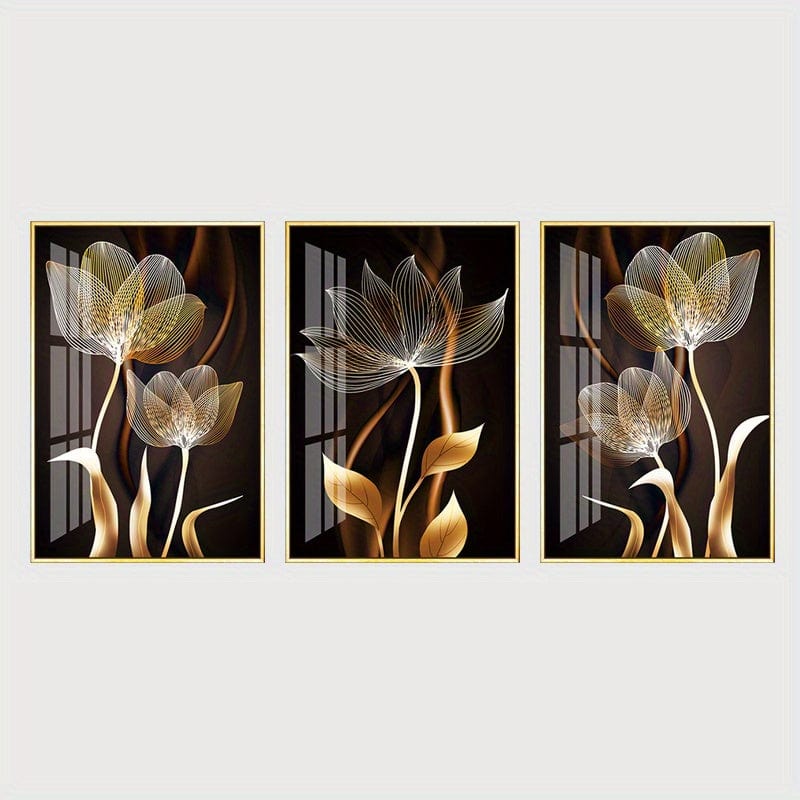 3 Stück Ungerahmtes Poster, Schwarz und Goldene Blumen Wandkunst Leinwandgemälde für Wohnzimmer Dekor - Modernes Abstraktes Design, 15,7x23,6 Zoll/40x60 cm