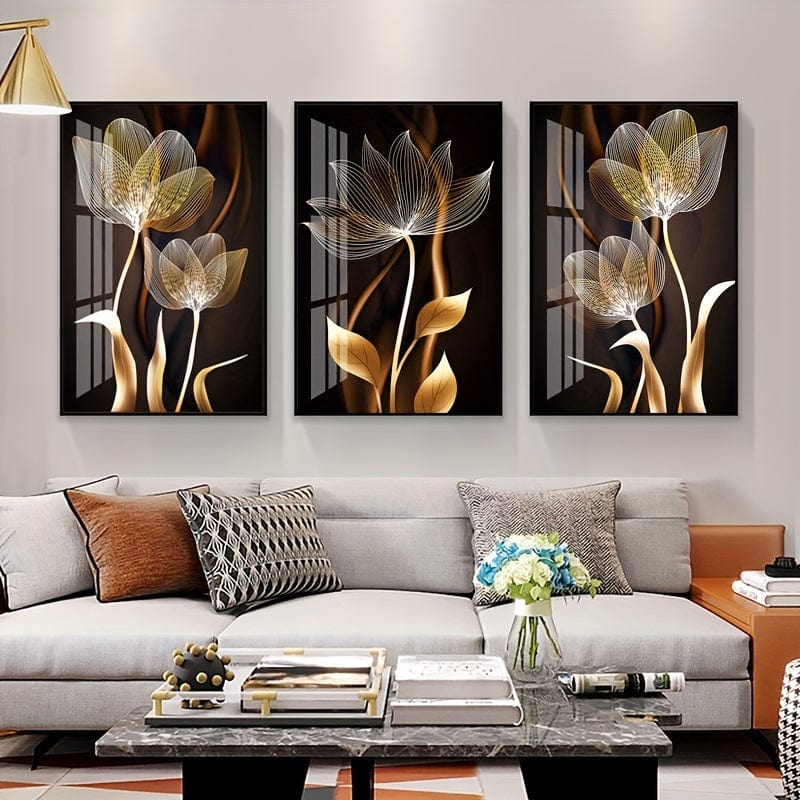 3 Stück Ungerahmtes Poster, Schwarz und Goldene Blumen Wandkunst Leinwandgemälde für Wohnzimmer Dekor - Modernes Abstraktes Design, 15,7x23,6 Zoll/40x60 cm