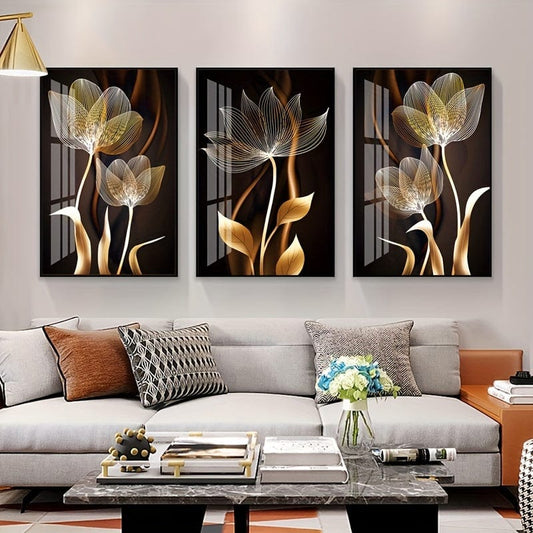 3 Stück Ungerahmtes Poster, Schwarz und Goldene Blumen Wandkunst Leinwandgemälde für Wohnzimmer Dekor - Modernes Abstraktes Design, 15,7x23,6 Zoll/40x60 cm