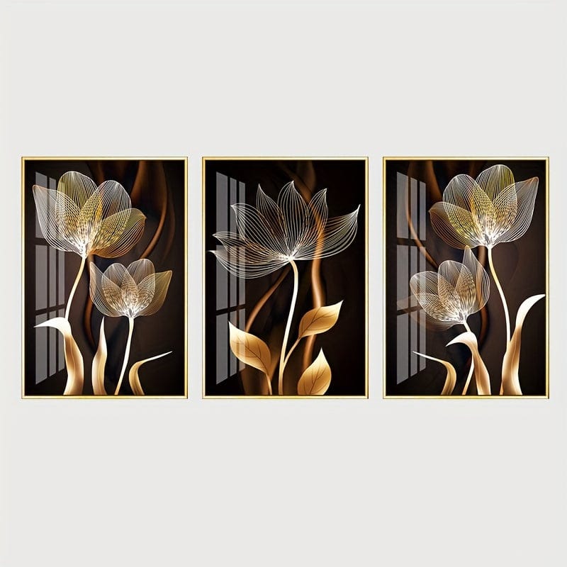3 Stück Ungerahmtes Poster, Schwarz und Goldene Blumen Wandkunst Leinwandgemälde für Wohnzimmer Dekor - Modernes Abstraktes Design, 15,7x23,6 Zoll/40x60 cm