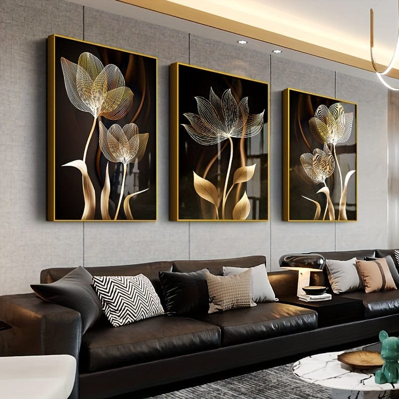 3 Stück Ungerahmtes Poster, Schwarz und Goldene Blumen Wandkunst Leinwandgemälde für Wohnzimmer Dekor - Modernes Abstraktes Design, 15,7x23,6 Zoll/40x60 cm